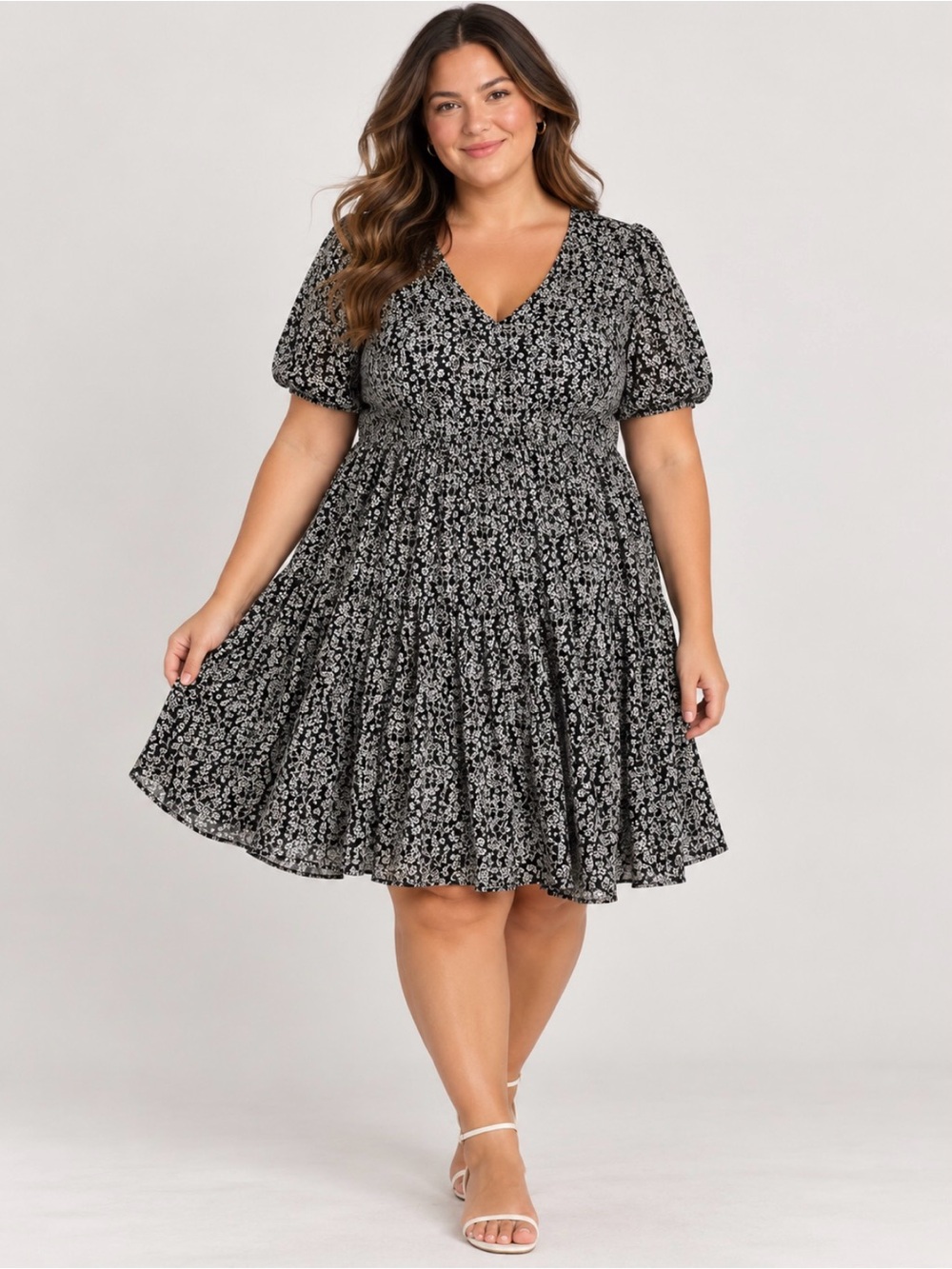 Black Floral V-Neck Short Sleeve Dress